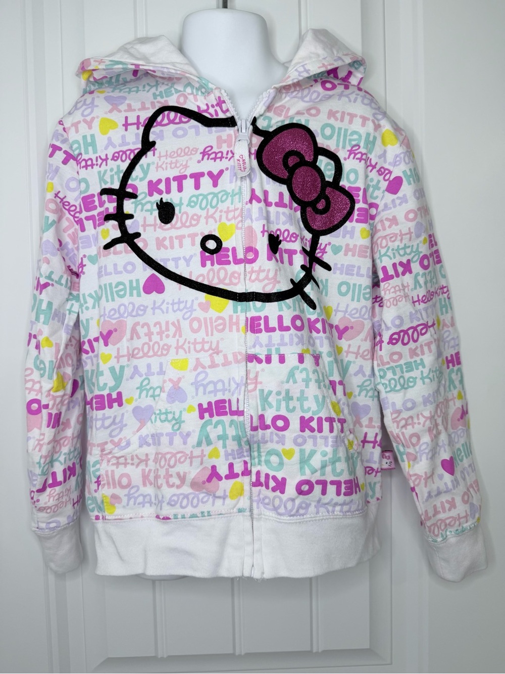 Girls Hello Kitty Sanrio 2011 Hooded Full Zip Up Sweatshirt Logo Hoodie 7/8